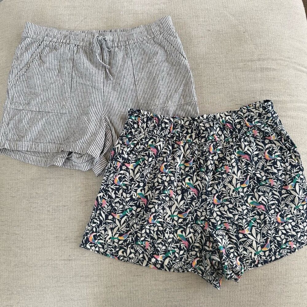2 pair J Crew Loft Linen Blend Shorts Blue Stripe Bird M